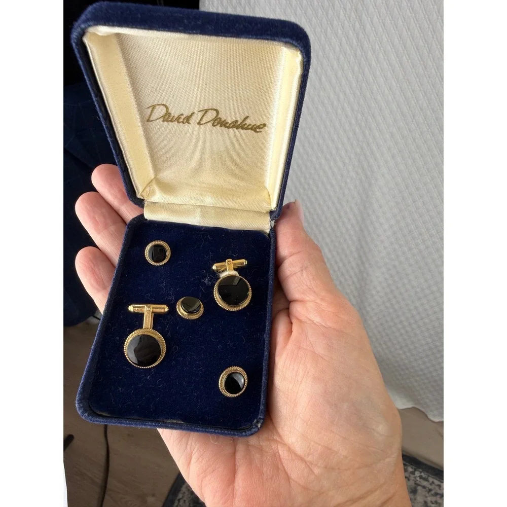 David Donahue Mens Onyx Cufflinks and Studs Set 1/20 14K Gold Filled Vintage Box